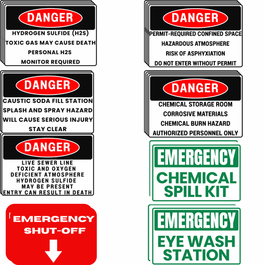 22 - Piece Wastewater Treatment Plant Safety Sign Bundle | 2026 OSHA Compliance Ready | 8" x 12" Rust - Resistant Aluminum | Danger Sewer Line, H2S, Confined Space & Chemical Signs - CGAP Industries