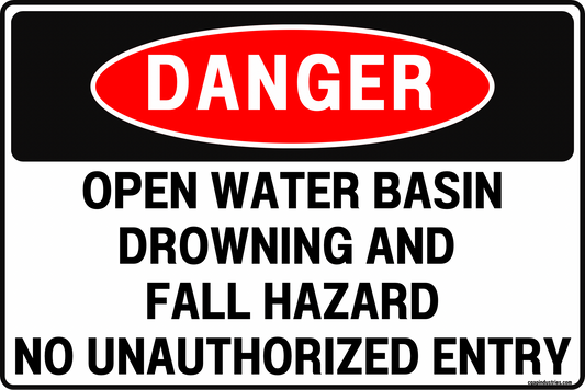 Danger Open Water Basin Sign – Drowning and Fall Hazard, No Unauthorized Entry – 8x12 Rust-Resistant Aluminum, UV-Resistant, Pre-Drilled – by CGAP Safety