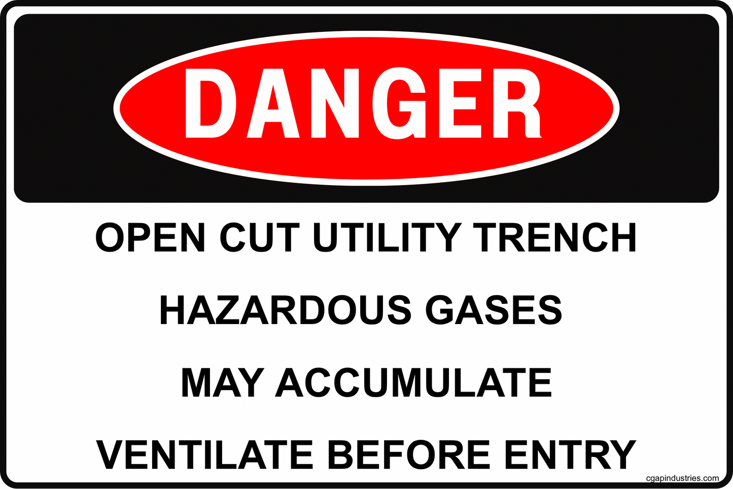 Danger Open Cut Utility Trench Sign – Hazardous Gases May Accumulate, Test Atmosphere and Ventilate Before Entry, 8x12 Rust-Resistant Aluminum Trench Safety Sign by CGAP Safety