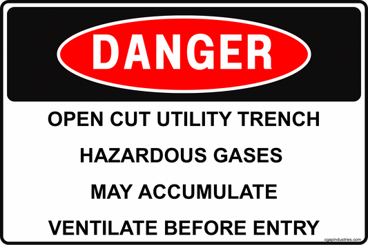 Danger Open Cut Utility Trench Sign – Hazardous Gases May Accumulate, Test Atmosphere and Ventilate Before Entry, 8x12 Rust-Resistant Aluminum Trench Safety Sign by CGAP Safety