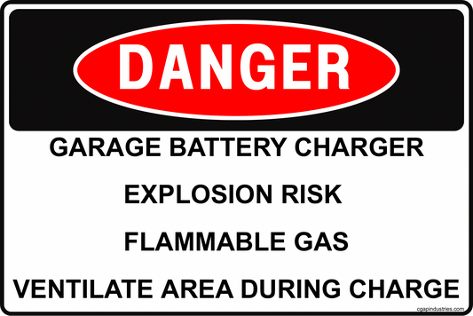 Danger Garage Battery Charger Explosion Risk Flammable Gas Sign – 8x12 Rust-Resistant Aluminum Ventilate Area During Charge Garage & Shop Safety Sign by CGAP Safety