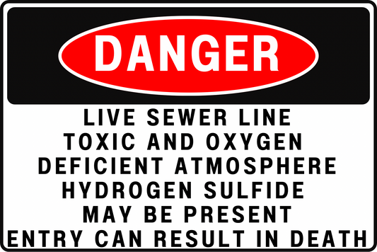 Danger Live Sewer Line Sign – Toxic & Oxygen-Deficient Atmosphere, Hydrogen Sulfide May Be Present – 8x12 Rust-Resistant Aluminum, UV-Resistant, Pre-Drilled Safety Sign by CGAP Safety