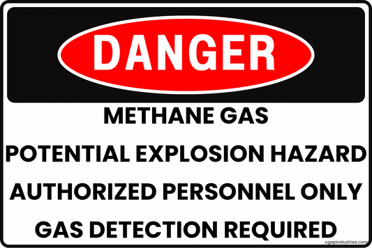 DANGER METHANE GAS POTENTIAL EXPLOSION HAZARD AUTHORIZED PERSONNEL ONLY SIGN 8x12 rust-resistant aluminum UV-resistant graphics by CGAP Safety