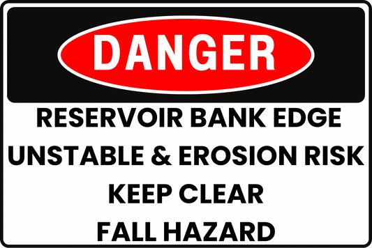 DANGER RESERVOIR BANK EDGE UNSTABLE & EROSION RISK AND FALL HAZARD SAFETY SIGN, 8X12 RUST-RESISTANT ALUMINUM WITH UV-RESISTANT GRAPHICS BY CGAP SAFETY