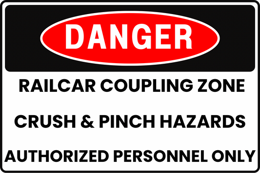 RAILCAR COUPLING ZONE DANGER SAFETY SIGN FOR CRUSH & PINCH HAZARDS, 8X12 RUST-RESISTANT ALUMINUM WITH UV-RESISTANT GRAPHICS BY CGAP SAFETY