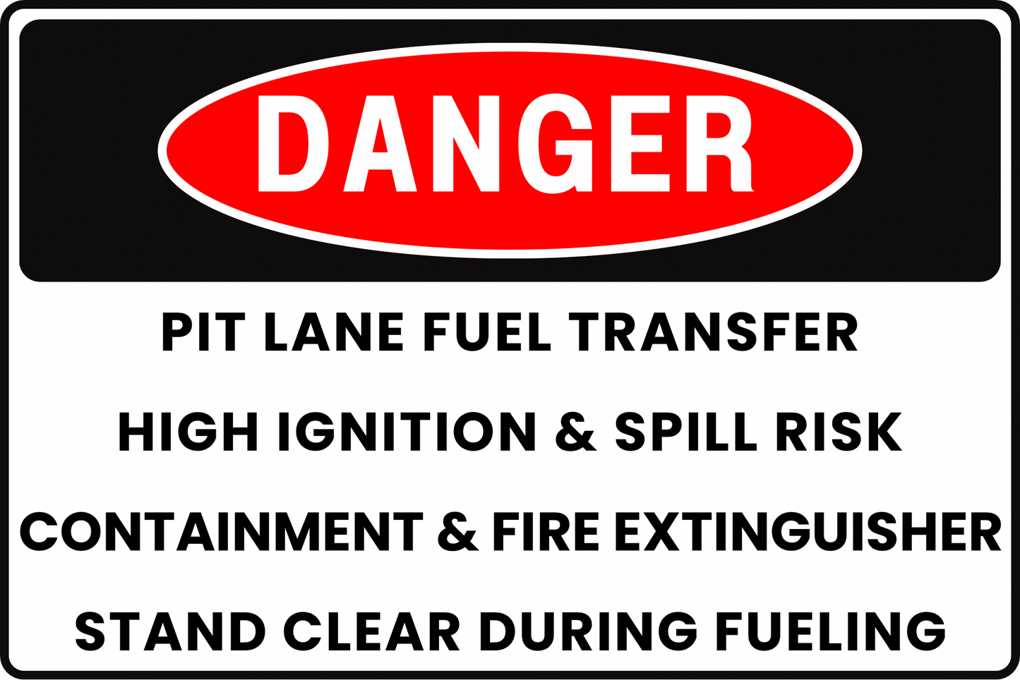 DANGER PIT LANE FUEL TRANSFER SIGN - HIGH IGNITION & SPILL RISK, CONTAINMENT, FIRE EXTINGUISHER & CLEARANCE PROTOCOLS FOR MOTORSPORTS RACES, 8X12 RUST-RESISTANT ALUMINUM WITH UV-RESISTANT GRAPHICS BY CGAP SAFETY