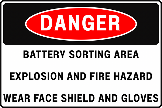 DANGER BATTERY SORTING ZONE EXPLOSION & FIRE HAZARD SAFETY SIGN, 8X12 RUST-RESISTANT ALUMINUM WITH UV-RESISTANT BY CGAP SAFETY
