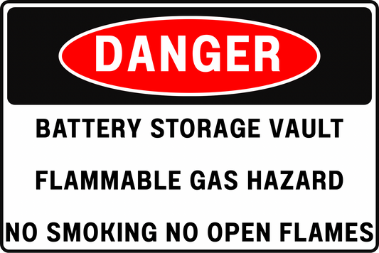 DANGER BATTERY STORAGE VAULT FLAMMABLE VAPORS & OFF-GASSING HAZARD SAFETY SIGN, 8X12 RUST-RESISTANT ALUMINUM WITH UV-RESISTANT BY CGAP SAFETY