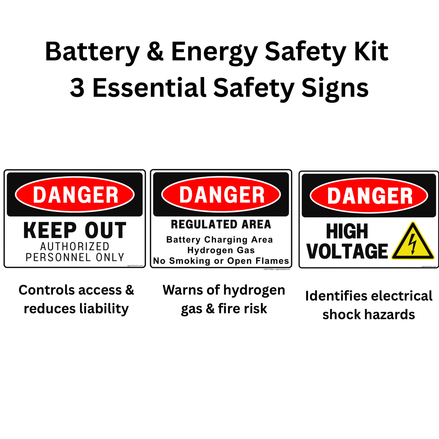 Battery & Energy Safety Sign Kit – 3 - Pack OSHA Danger Signs | High Voltage, Battery Charging Area, Authorized Personnel Only | 8x12 Aluminum - CGAP Industries