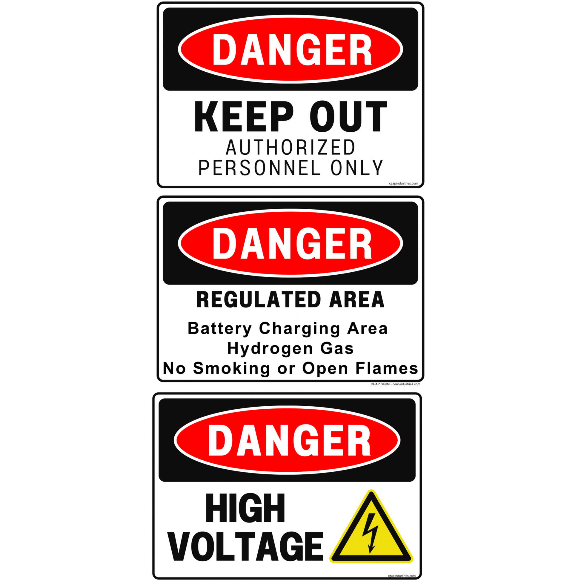 Battery & Energy Safety Sign Kit – 3 - Pack OSHA Danger Signs | High Voltage, Battery Charging Area, Authorized Personnel Only | 8x12 Aluminum - CGAP Industries
