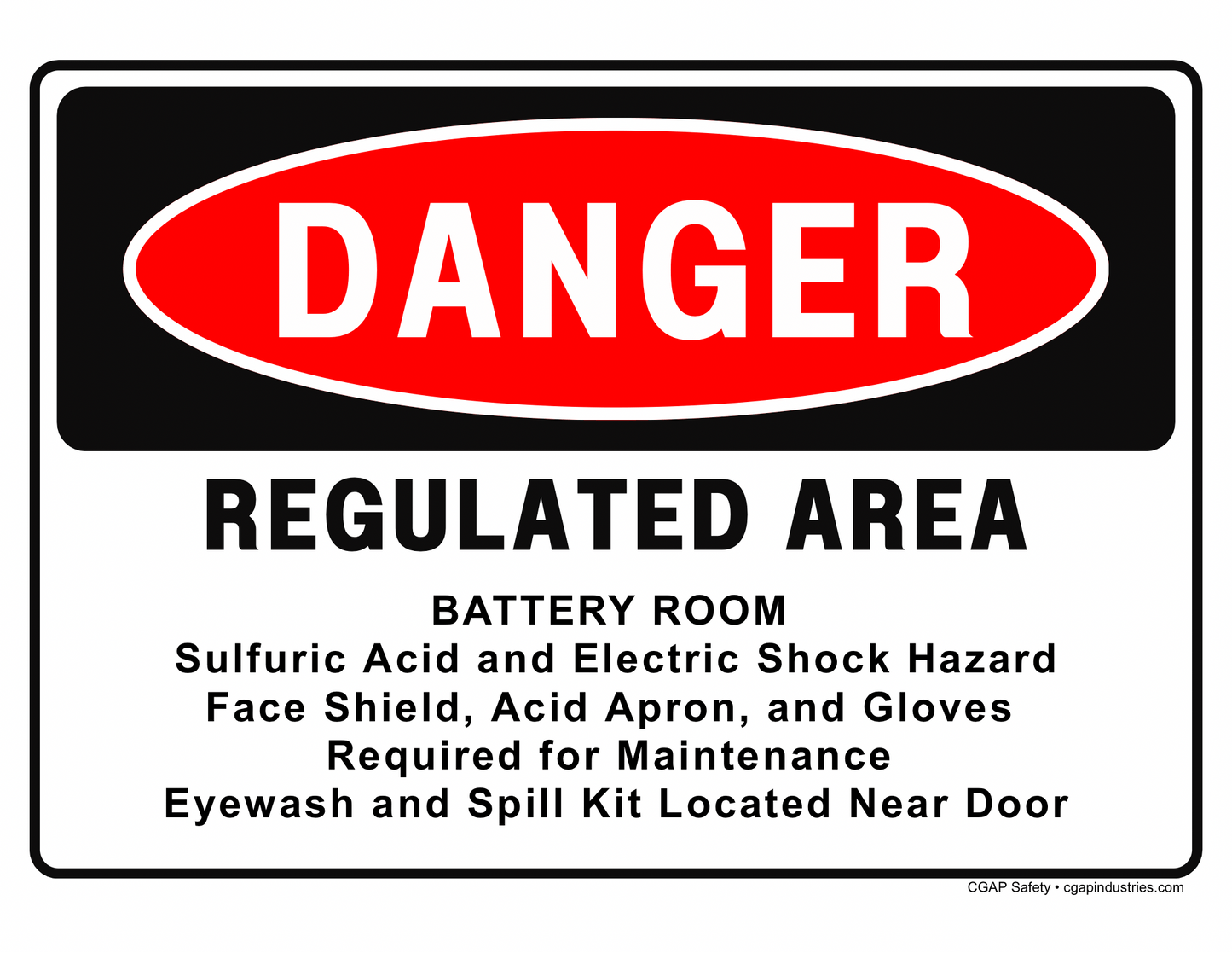 Battery Room Danger Sign – Sulfuric Acid & Electric Shock Hazard – 8x12 Aluminum, OSHA Compliant – CGAP Safety - CGAP Industries