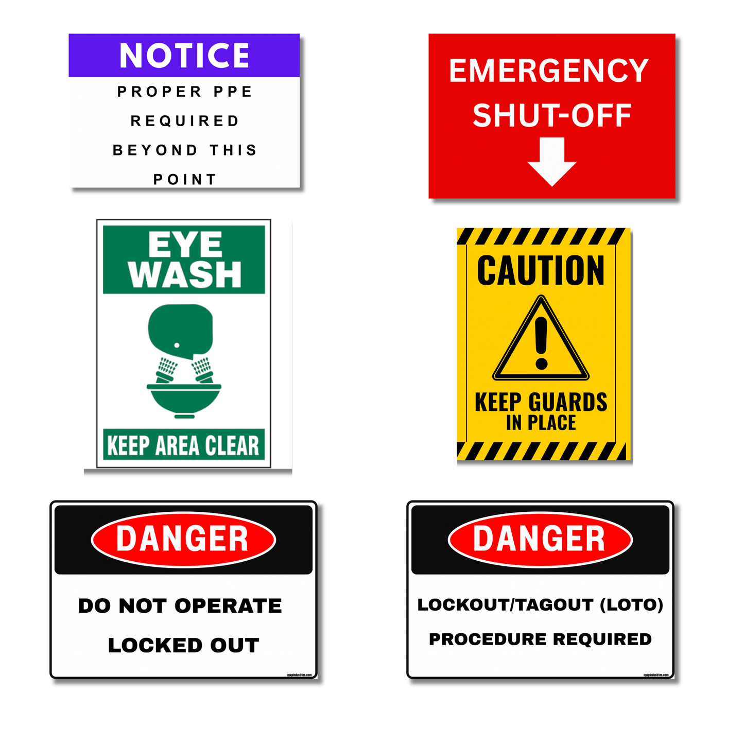 CGAP SAFETY 6 - Pack Industrial OSHA LOTO Kit | Aluminum Lockout/Tagout, Machine Guarding, Emergency Shut - Off, Eyewash & PPE Required Signs | ANSI Compliant - CGAP Industries