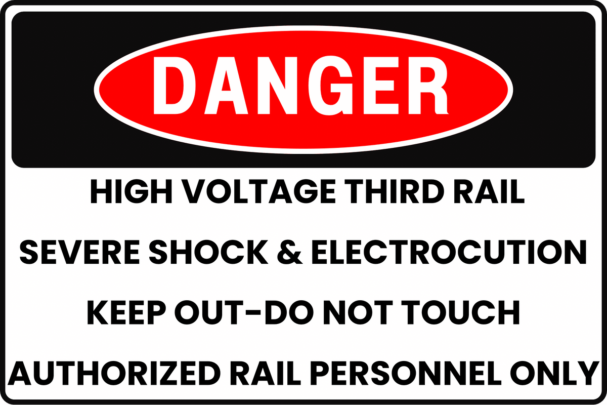 DANGER HIGH VOLTAGE THIRD RAIL ELECTROCUTION HAZARD SAFETY SIGN FOR RAILWAY SUBSTATIONS & TRACKS, 8X12 RUST - RESISTANT ALUMINUM WITH UV - RESISTANT GRAPHICS BY CGAP SAFETY - CGAP Industries