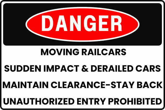 DANGER MOVING RAILCARS & DERAILED EQUIPMENT SAFETY SIGN FOR ACTIVE RAIL YARDS, 8X12 RUST - RESISTANT ALUMINUM WITH UV - RESISTANT GRAPHICS BY CGAP SAFETY - CGAP Industries