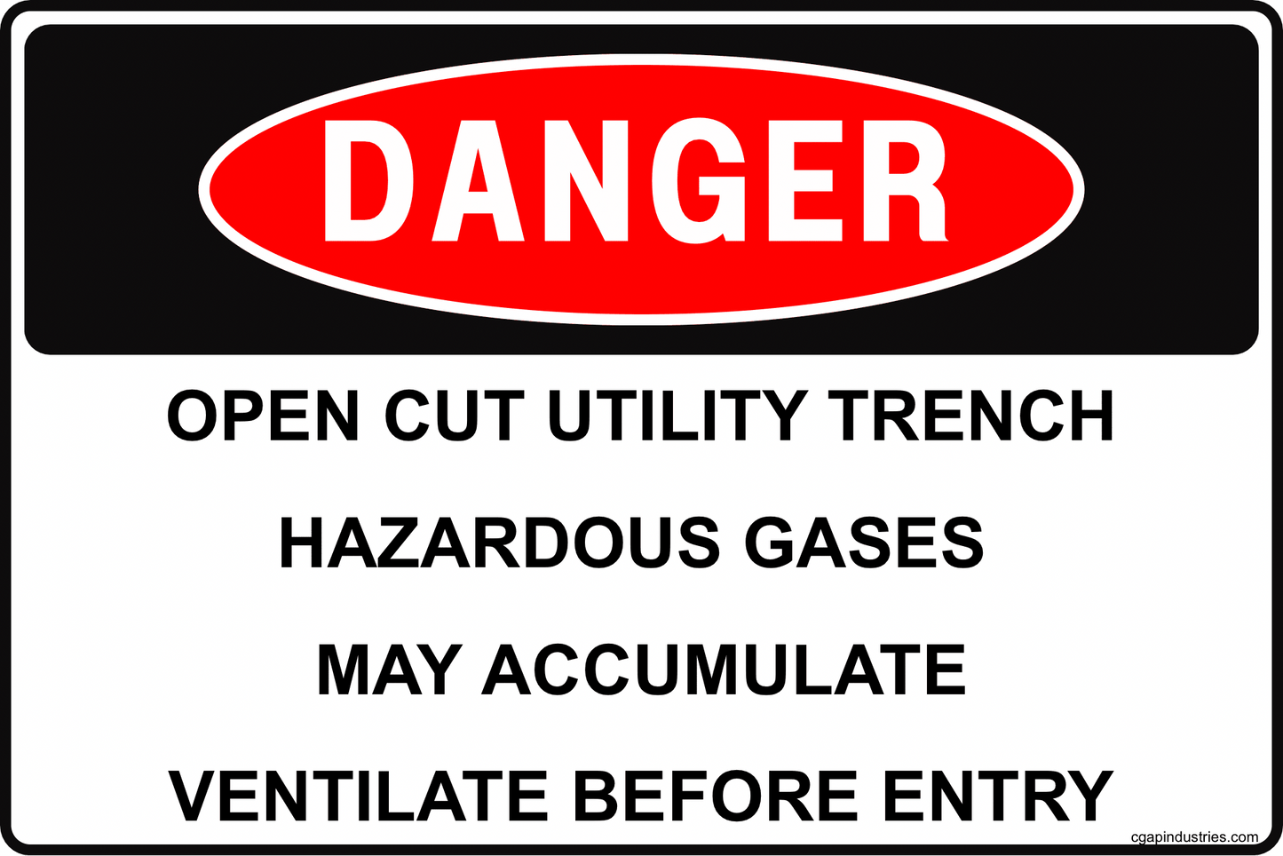Danger Open Cut Utility Trench Sign – Hazardous Gases May Accumulate, Test Atmosphere and Ventilate Before Entry, 8x12 Rust - Resistant Aluminum Trench Safety Sign by CGAP Safety - CGAP Industries