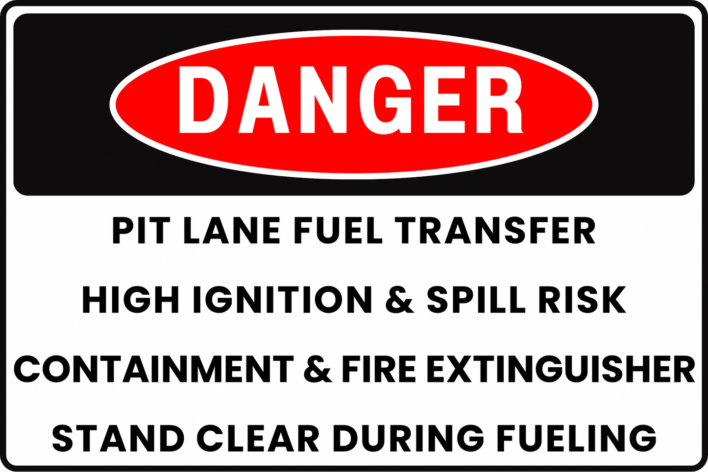 DANGER PIT LANE FUEL TRANSFER SIGN - HIGH IGNITION & SPILL RISK, CONTAINMENT, FIRE EXTINGUISHER & CLEARANCE PROTOCOLS FOR MOTORSPORTS RACES, 8X12 RUST - RESISTANT ALUMINUM WITH UV - RESISTANT GRAPHICS BY CGAP SAFETY - CGAP Industries