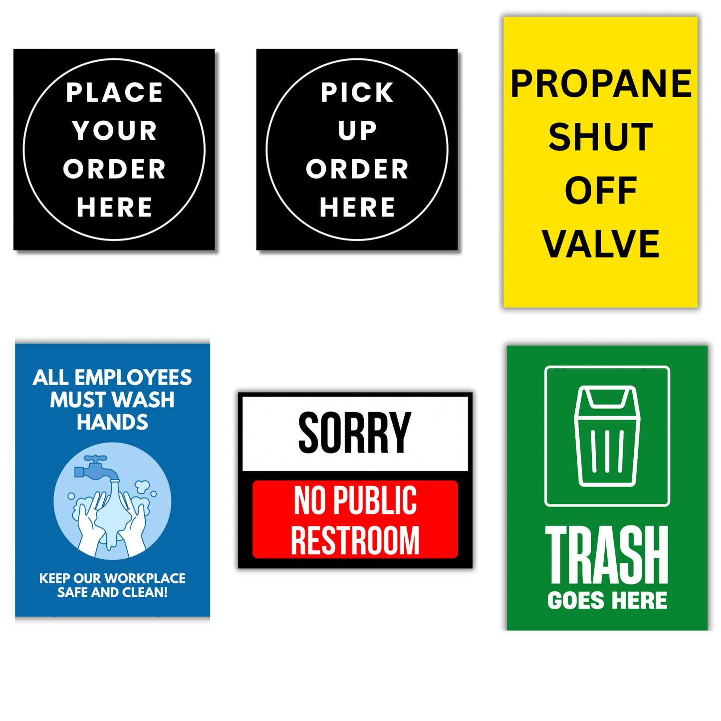 Food Truck Inspection Ready Sign Kit (6 - Pack) | 8x12" Aluminum Mobile Kitchen Compliance Bundle | Propane Shut Off, Wash Hands, Order/Pick Up, No Restroom, Trash Goes Here - CGAP Industries