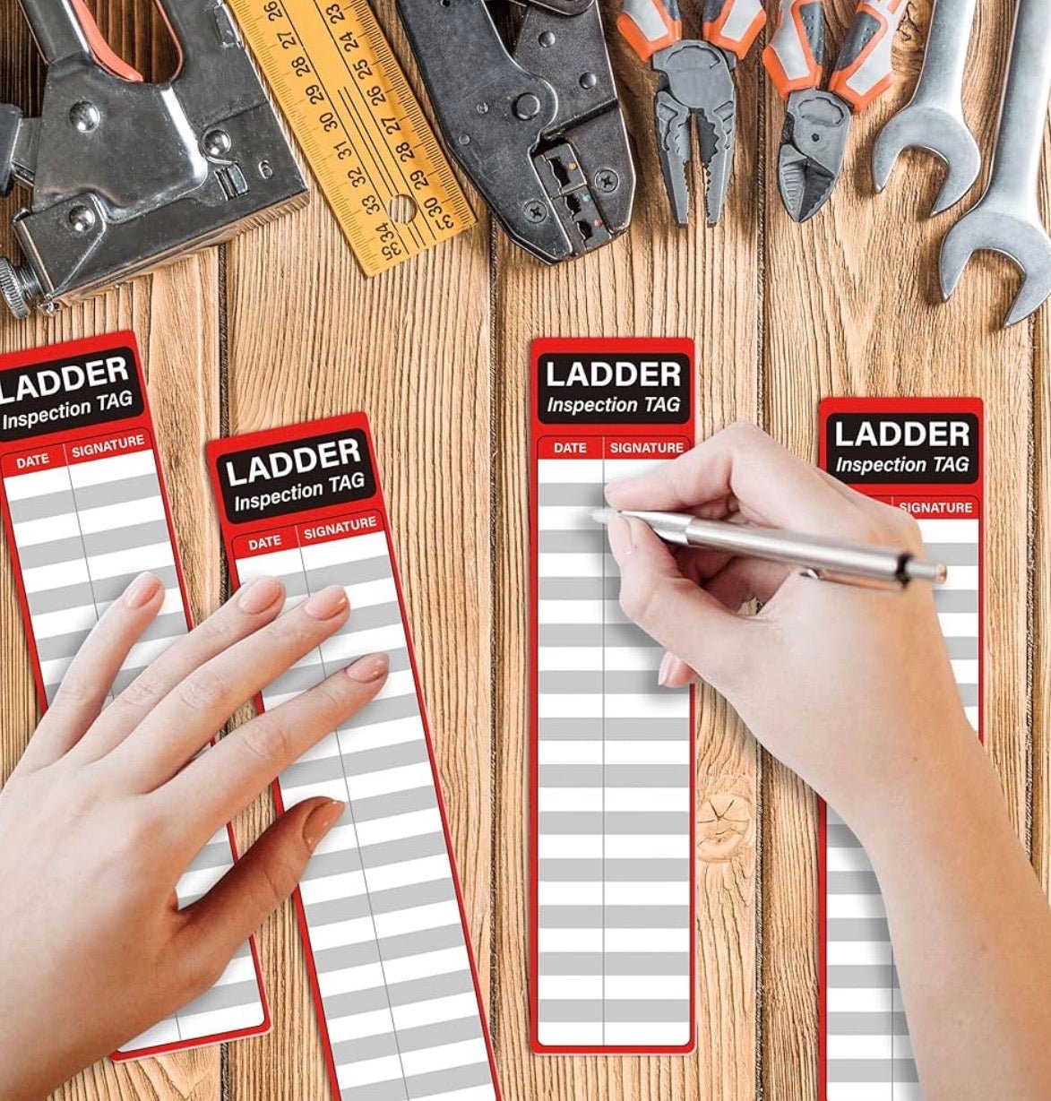 Ladder Inspection Tag — Write - On Rail Sticker (Date & Signature • Red/White • Peel & Stick) - CGAP Industries