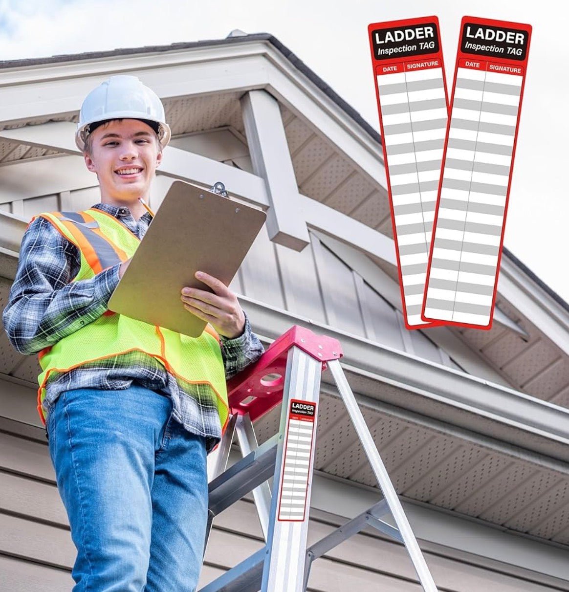 Ladder Inspection Tag — Write - On Rail Sticker (Date & Signature • Red/White • Peel & Stick) - CGAP Industries