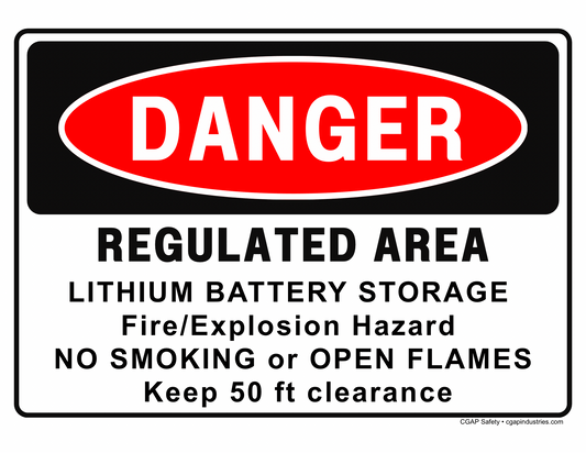 Lithium Battery Storage Danger Sign – Fire/Explosion Hazard, No Smoking, 50 ft Clearance – 8x12 Aluminum – CGAP Safety - CGAP Industries