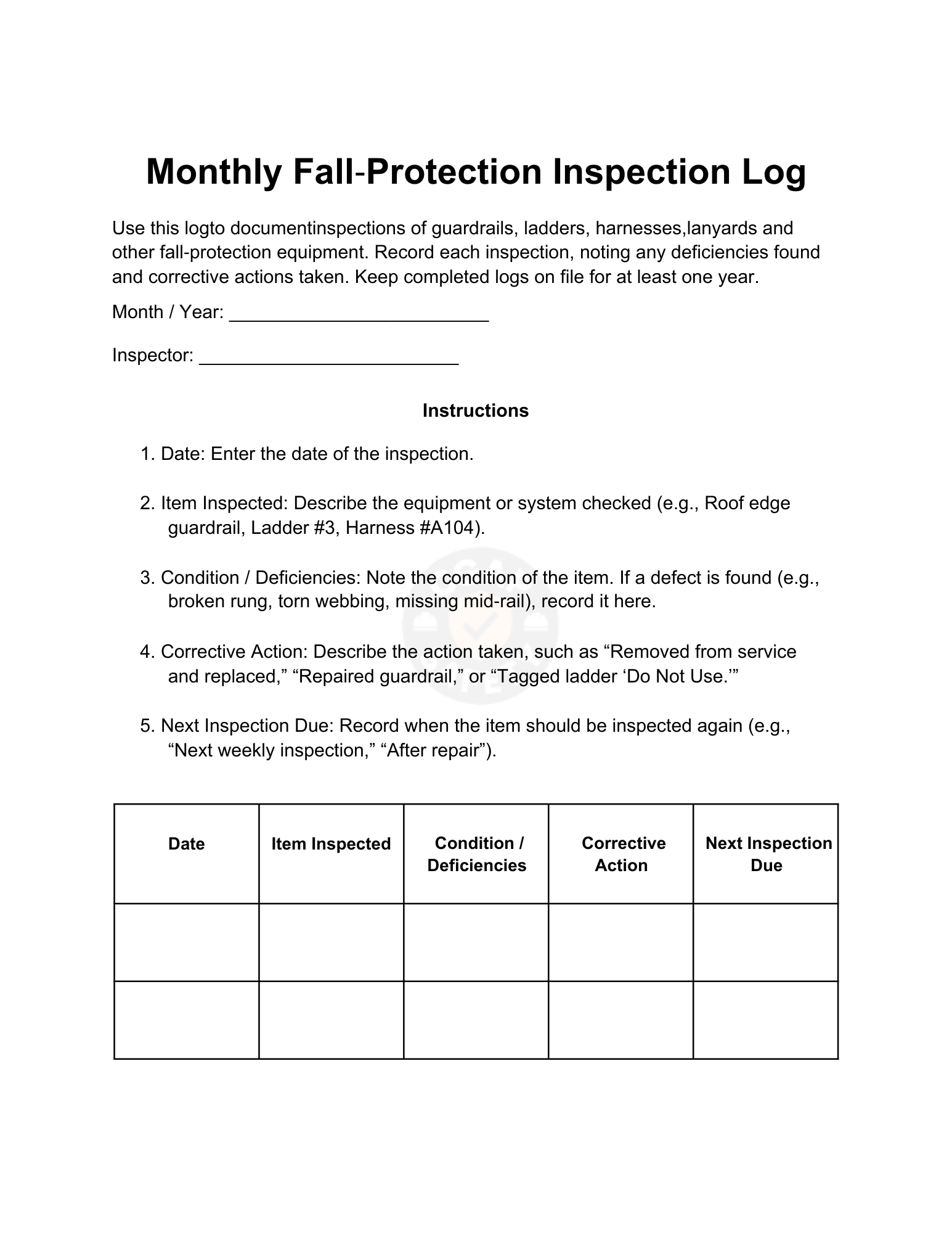 Monthly Fall - Protection Inspection Log – Waterproof Reusable Form (OSHA 1910.23) - CGAP Industries
