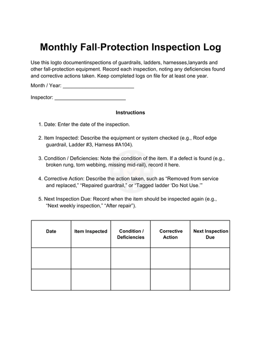 Monthly Fall - Protection Inspection Log – Waterproof Reusable Form (OSHA 1910.23) - CGAP Industries