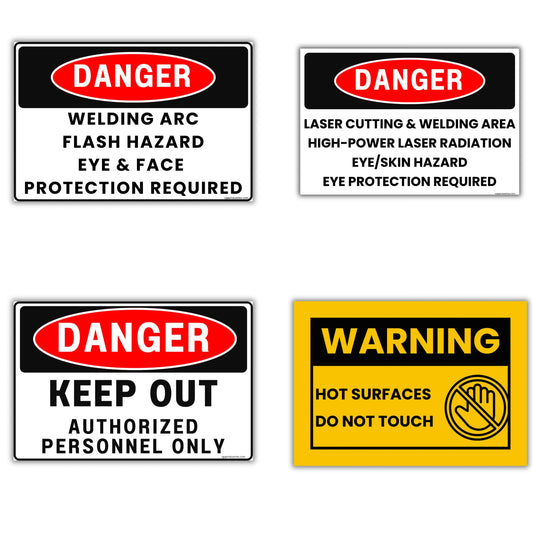Welding Shop Safety Sign Bundle – 4-Pack – Laser Cutting, Arc Flash, Hot Surface, Keep Out – 8x12 Aluminum - CGAP Industries